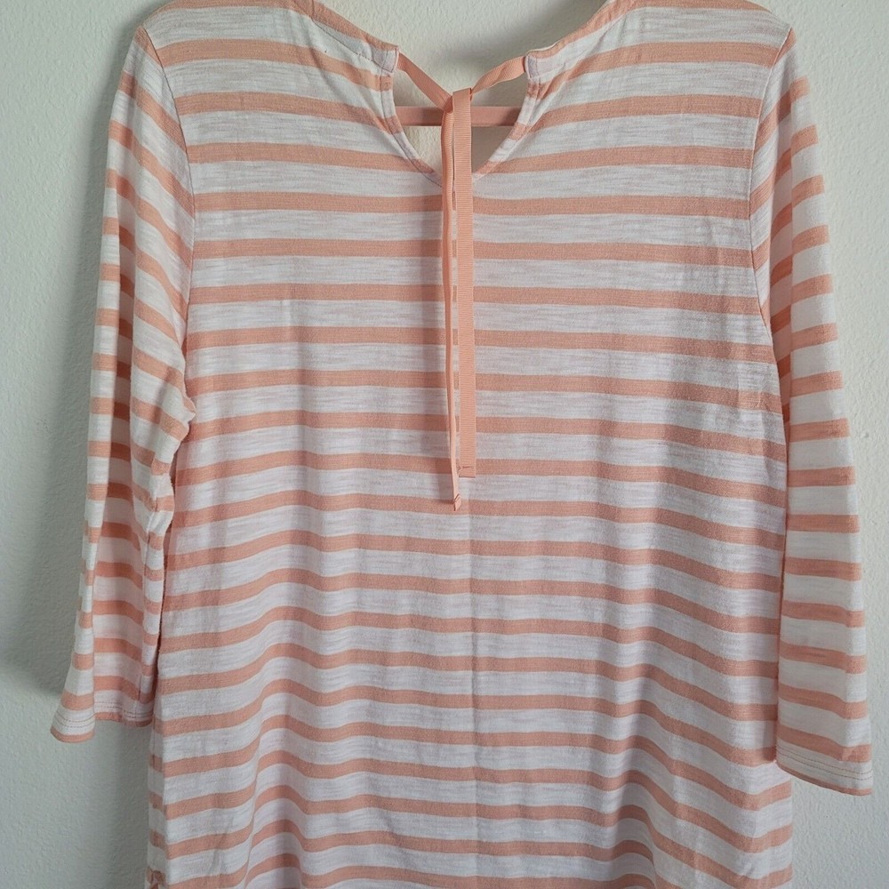 Chicos Womens 3/4 Sleeve Beaded Stripe Nautical Top Sz L Pink Tie Neck Casual - Picture 7 of 13